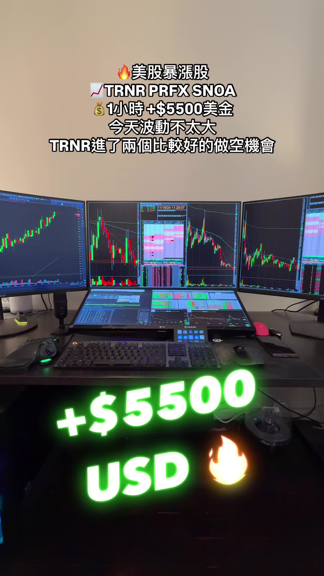 💰+$5500美金🔥美股暴涨股日内交易📈TRNR PRFX SNOA