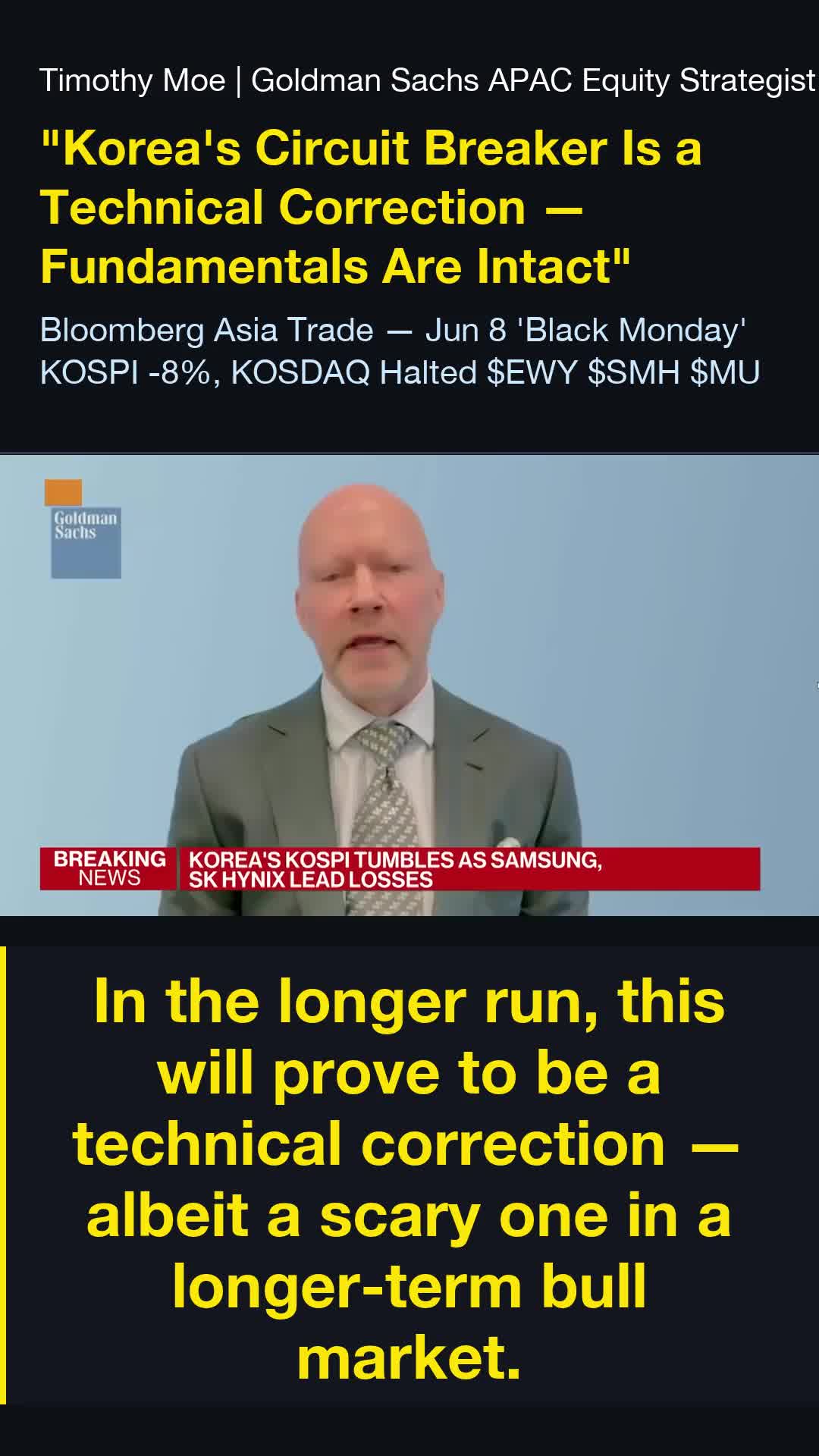 🚨 Goldman Sachs Calls Korea Black Monday: Buy — Corporate Profits +320% YoY, Samsung & SK Hynixat 5x PE