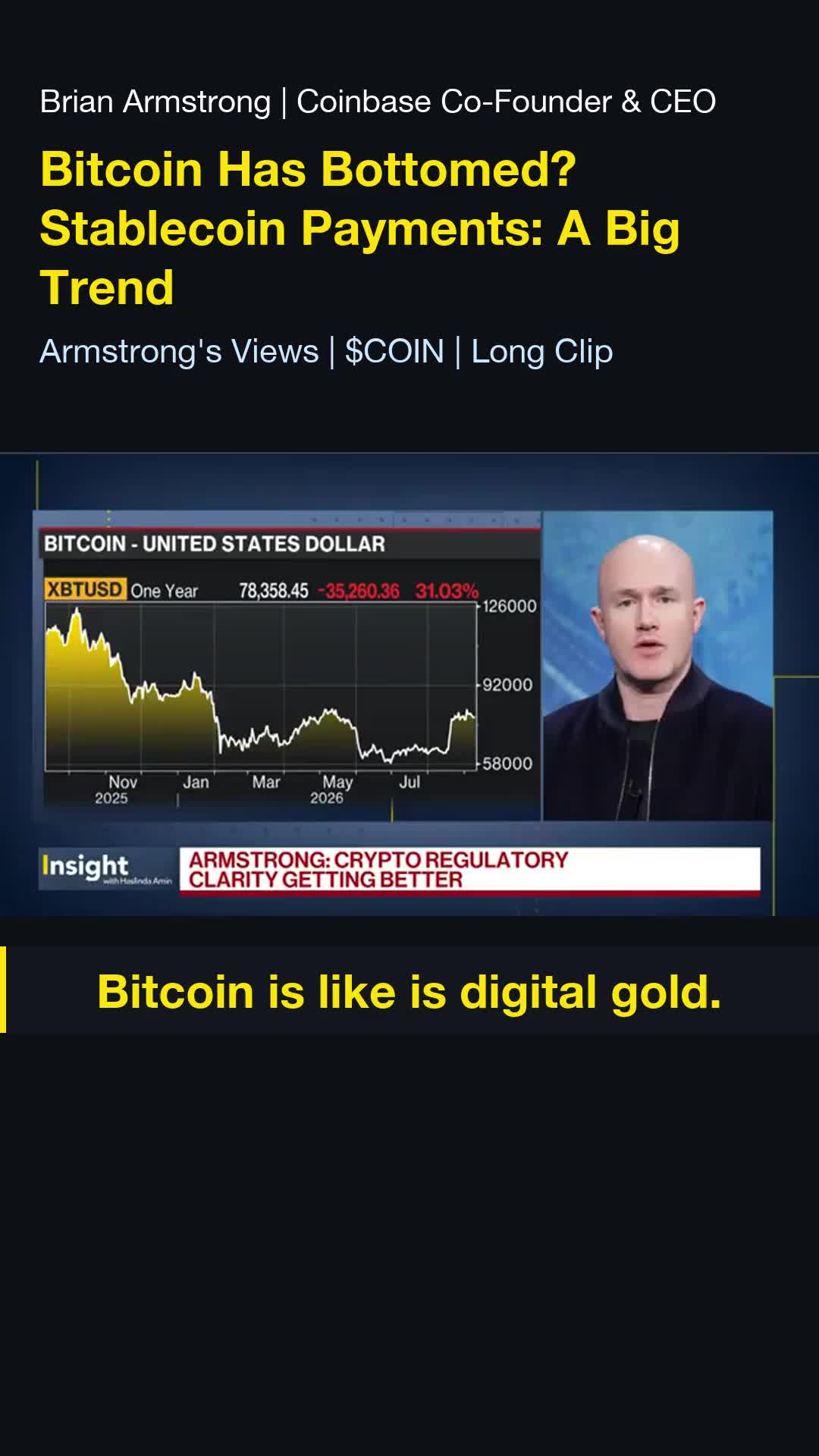 Coinbase CEO Says Bitcoin Has Bottomed; Stablecoin Payments Are a Big Trend